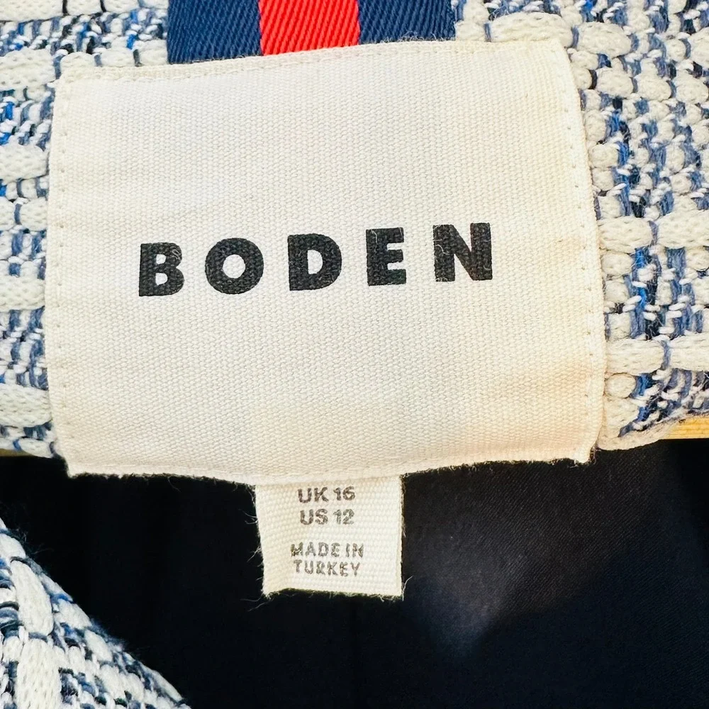 BODEN‎ Tweed Boucle Skirt Suit Set Women's US 12 Navy Cream Quiet Luxury Preppy